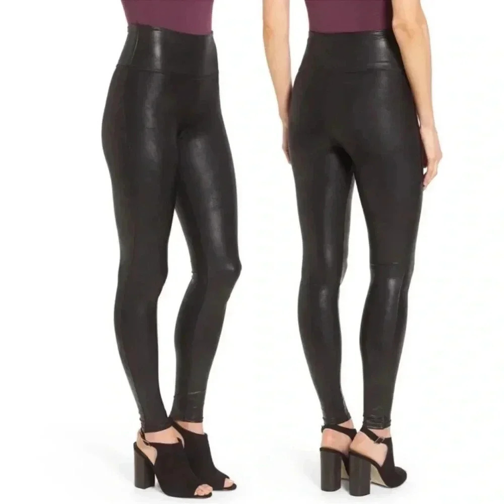 SPANX black faux leather leggings L